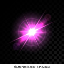 Vector pink glowing lights on transparent background. Special effect light rays. Spark, star burst, flash. Spotlight flare. Illumination.