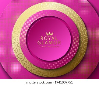 Vector pink and gold abstract round luxury frame. Geometric golden pattern, sparkling sequins on pink background. Premium label bright glamor design