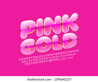 Vector Pink and Gold Alphabet Letters, Numbers and Symbols. Shiny glamour Font