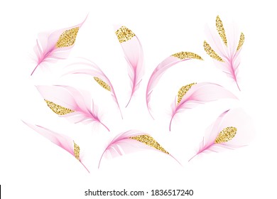 Colección de plumas de oro rosado vectorial, conjunto de diferentes plumas giradas de caída sobre un fondo blanco.