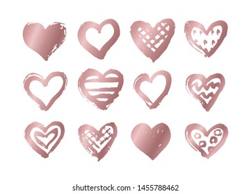 Vector pink gold ink and paint  textures set of hearts.Grungy hand drawn elements for your design isolated on white background