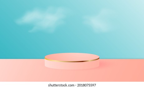 Vector pink and gold line round podium, pedestal or platform, background for cosmetic product presentation. 3d podium with cloud. Advertising place. Blank product stand background in pastel colors