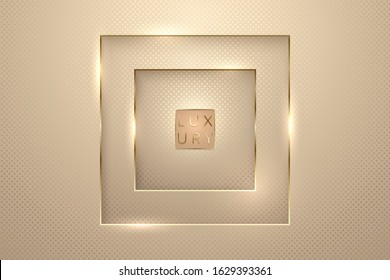 Vector pink gold luxury background for vip invitation card or flyer. Square paper cut frame with golden line edges and light flares. Premium design banner