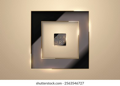 Vector pink gold luxury background with glossy black glass material layer. Square paper cut frame with shine golden line edges and light flares. Premium design pattern layered banner