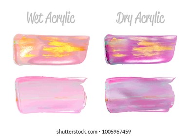 Vector pink and gold paint smear stroke stain set. Abstract gold glittering textured art illustration. Gold Texture Paint Stain Illustration. Hand drawn brush strokes vector elements. Acrilyc strokes.