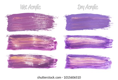 Vector pink and gold paint smear stroke stain set. Abstract gold glittering textured art illustration. Gold Texture Paint Stain Illustration. Hand drawn brush strokes vector elements. Acrilyc strokes.