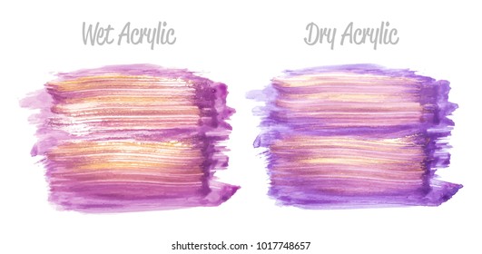 Vector pink and gold paint smear stroke stain set. Abstract gold glittering textured art illustration. Gold Texture Paint Stain Illustration. Hand drawn brush strokes vector elements. Acrilyc strokes.