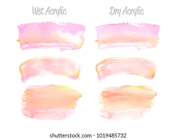 Vector pink and gold paint smear stroke stain set. Abstract gold glittering textured art illustration. Gold Texture Paint Stain Illustration. Hand drawn brush strokes vector elements. Acrilyc strokes.
