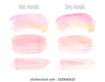 Vector pink and gold paint smear stroke stain set. Abstract gold glittering textured art illustration. Gold Texture Paint Stain Illustration. Hand drawn brush strokes vector elements. Acrilyc strokes.