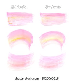 Vector pink and gold paint smear stroke stain set. Abstract gold glittering textured art illustration. Gold Texture Paint Stain Illustration. Hand drawn brush strokes vector elements. Acrilyc strokes.