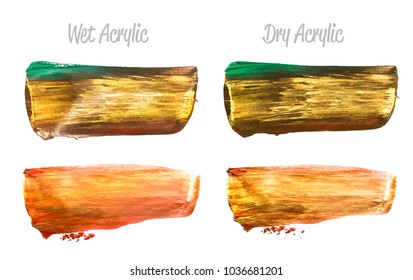 Vector pink and gold paint smear stroke stain set. Abstract gold glittering textured art illustration. Gold Texture Paint Stain Illustration. Hand drawn brush strokes vector elements. Acrilyc strokes.