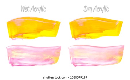 Vector pink and gold paint smear stroke stain set. Abstract gold glittering textured art illustration. Gold Texture Paint Stain Illustration. Hand drawn brush strokes vector elements. Acrylic strokes.
