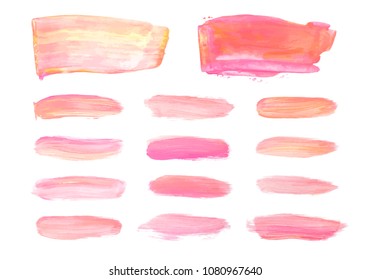 Vector pink and gold paint smear stroke stain set. Abstract gold glittering textured art illustration. Gold Texture Paint Stain Illustration. Hand drawn brush strokes vector elements. Acrilyc strokes.