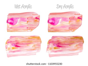 Vector pink and gold paint smear stroke stain set. Abstract gold glittering textured art illustration. Gold Texture Paint Stain Illustration. Hand drawn brush strokes vector elements. Acrilyc strokes.