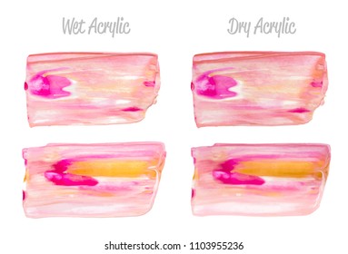 Vector pink and gold paint smear stroke stain set. Abstract gold glittering textured art illustration. Gold Texture Paint Stain Illustration. Hand drawn brush strokes vector elements. Acrilyc strokes.