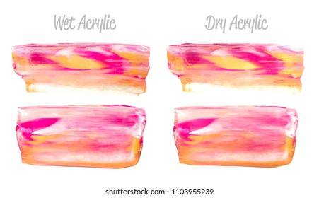 Vector pink and gold paint smear stroke stain set. Abstract gold glittering textured art illustration. Gold Texture Paint Stain Illustration. Hand drawn brush strokes vector elements. Acrilyc strokes.