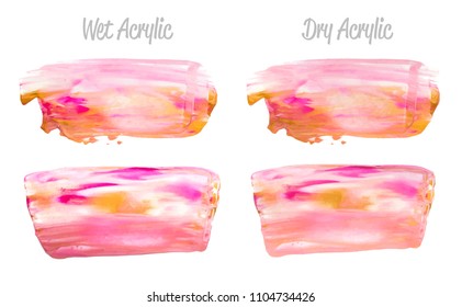 Vector pink and gold paint smear stroke stain set. Abstract gold glittering textured art illustration. Gold Texture Paint Stain Illustration. Hand drawn brush strokes vector elements. Acrilyc strokes.