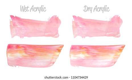 Vector pink and gold paint smear stroke stain set. Abstract gold glittering textured art illustration. Gold Texture Paint Stain Illustration. Hand drawn brush strokes vector elements. Acrilyc strokes.
