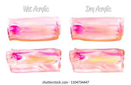 Vector pink and gold paint smear stroke stain set. Abstract gold glittering textured art illustration. Gold Texture Paint Stain Illustration. Hand drawn brush strokes vector elements. Acrilyc strokes.