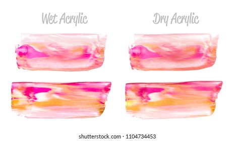 Vector pink and gold paint smear stroke stain set. Abstract gold glittering textured art illustration. Gold Texture Paint Stain Illustration. Hand drawn brush strokes vector elements. Acrilyc strokes.