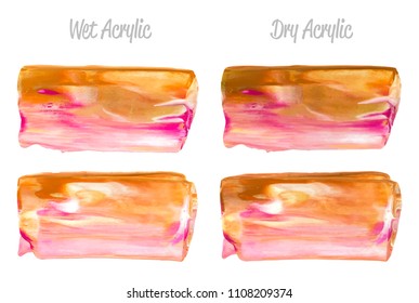 Vector pink and gold paint smear stroke stain set. Abstract gold glittering textured art illustration. Gold Texture Paint Stain Illustration. Hand drawn brush strokes vector elements. Acrilyc strokes.