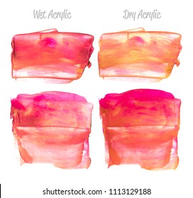 Vector pink and gold paint smear stroke stain set. Abstract gold glittering textured art illustration. Gold Texture Paint Stain Illustration. Hand drawn brush strokes vector elements. Acrilyc strokes.