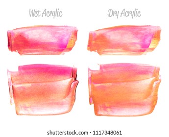 Vector pink and gold paint smear stroke stain set. Abstract gold glittering textured art illustration. Gold Texture Paint Stain Illustration. Hand drawn brush strokes vector elements. Acrilyc strokes.