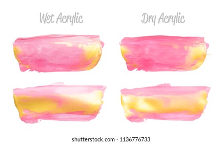 Vector pink and gold paint smear stroke stain set. Abstract gold glittering textured art illustration. Gold Texture Paint Stain Illustration. Hand drawn brush strokes vector elements. Acrilyc strokes.