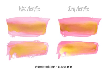 Vector pink and gold paint smear stroke stain set. Abstract gold glittering textured art illustration. Gold Texture Paint Stain Illustration. Hand drawn brush strokes vector elements. Acrilyc strokes.