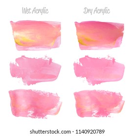 Vector pink and gold paint smear stroke stain set. Abstract gold glittering textured art illustration. Gold Texture Paint Stain Illustration. Hand drawn brush strokes vector elements. Acrilyc strokes.