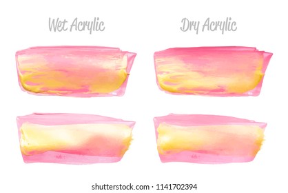 Vector pink and gold paint smear stroke stain set. Abstract gold glittering textured art illustration. Gold Texture Paint Stain Illustration. Hand drawn brush strokes vector elements. Acrilyc strokes.