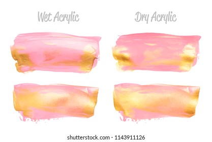 Vector pink and gold paint smear stroke stain set. Abstract gold glittering textured art illustration. Gold Texture Paint Stain Illustration. Hand drawn brush strokes vector elements. Acrilyc strokes.