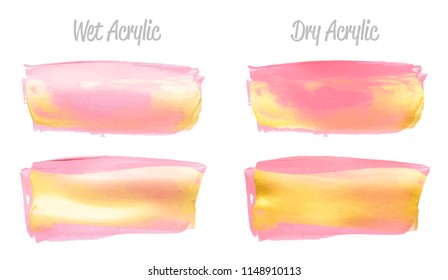 Vector pink and gold paint smear stroke stain set. Abstract gold glittering textured art illustration. Gold Texture Paint Stain Illustration. Hand drawn brush strokes vector elements. Acrilyc strokes.