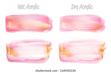 Vector pink and gold paint smear stroke stain set. Abstract gold glittering textured art illustration. Gold Texture Paint Stain Illustration. Hand drawn brush strokes vector elements. Acrilyc strokes.