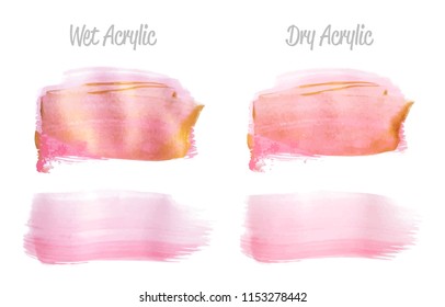 Vector pink and gold paint smear stroke stain set. Abstract gold glittering textured art illustration. Gold Texture Paint Stain Illustration. Hand drawn brush strokes vector elements. Acrilyc strokes.