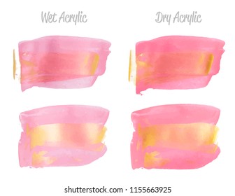 Vector pink and gold paint smear stroke stain set. Abstract gold glittering textured art illustration. Gold Texture Paint Stain Illustration. Hand drawn brush strokes vector elements. Acrilyc strokes.