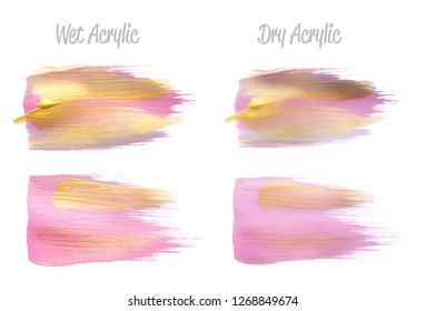 Vector pink and gold paint smear stroke stain set. Abstract gold glittering textured art illustration. Gold Texture Paint Stain Illustration. Hand drawn brush strokes vector elements. Acrilyc strokes.