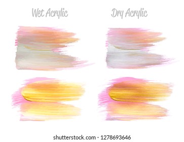 Vector pink and gold paint smear stroke stain set. Abstract gold glittering textured art illustration. Gold Texture Paint Stain Illustration. Hand drawn brush strokes vector elements. Acrilyc strokes.