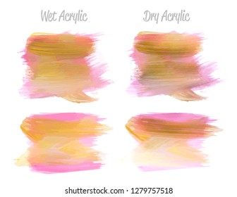 Vector pink and gold paint smear stroke stain set. Abstract gold glittering textured art illustration. Gold Texture Paint Stain Illustration. Hand drawn brush strokes vector elements. Acrilyc strokes.