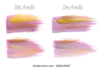 Vector pink and gold paint smear stroke stain set. Abstract gold glittering textured art illustration. Gold Texture Paint Stain Illustration. Hand drawn brush strokes vector elements. Acrilyc strokes.