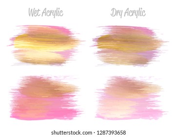 Vector pink and gold paint smear stroke stain set. Abstract gold glittering textured art illustration. Gold Texture Paint Stain Illustration. Hand drawn brush strokes vector elements. Acrilyc strokes.