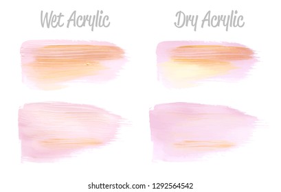 Vector pink and gold paint smear stroke stain set. Abstract gold glittering textured art illustration. Gold Texture Paint Stain Illustration. Hand drawn brush strokes vector elements. Acrilyc strokes.