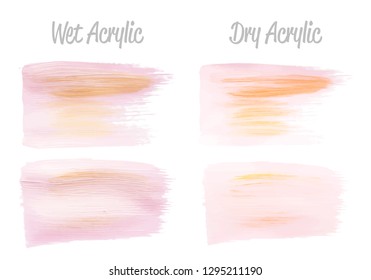Vector pink and gold paint smear stroke stain set. Abstract gold glittering textured art illustration. Gold Texture Paint Stain Illustration. Hand drawn brush strokes vector elements. Acrilyc strokes.