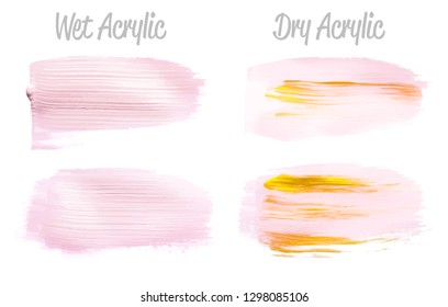 Vector pink and gold paint smear stroke stain set. Abstract gold glittering textured art illustration. Gold Texture Paint Stain Illustration. Hand drawn brush strokes vector elements. Acrilyc strokes.