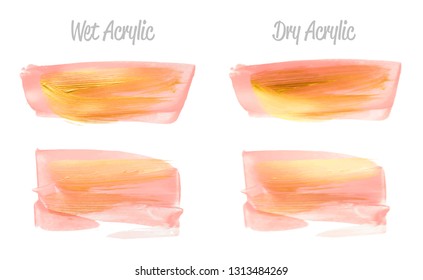Vector pink and gold paint smear stroke stain set. Abstract gold glittering textured art illustration. Gold Texture Paint Stain Illustration. Hand drawn brush strokes vector elements. Acrilyc strokes.