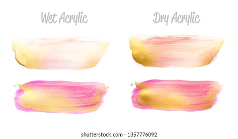 Vector pink and gold paint smear stroke stain set. Abstract gold glittering textured art illustration. Gold Texture Paint Stain Illustration. Hand drawn brush strokes vector elements. Acrilyc strokes.