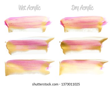 Vector pink and gold paint smear stroke stain set. Abstract gold glittering textured art illustration. Gold Texture Paint Stain Illustration. Hand drawn brush strokes vector elements. Acrilyc strokes.