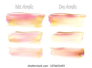 Vector pink and gold paint smear stroke stain set. Abstract gold glittering textured art illustration. Gold Texture Paint Stain Illustration. Hand drawn brush strokes vector elements. Acrilyc strokes.