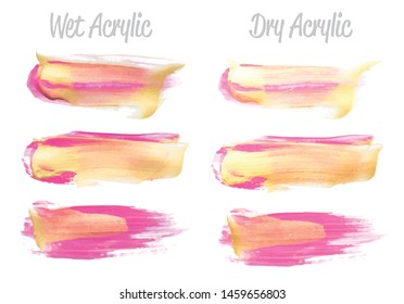 Vector pink and gold paint smear stroke stain set. Abstract gold glittering textured art illustration. Gold Texture Paint Stain Illustration. Hand drawn brush strokes vector elements. Acrilyc strokes.