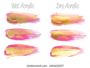 Vector pink and gold paint smear stroke stain set. Abstract gold glittering textured art illustration. Gold Texture Paint Stain Illustration. Hand drawn brush strokes vector elements. Acrilyc strokes.